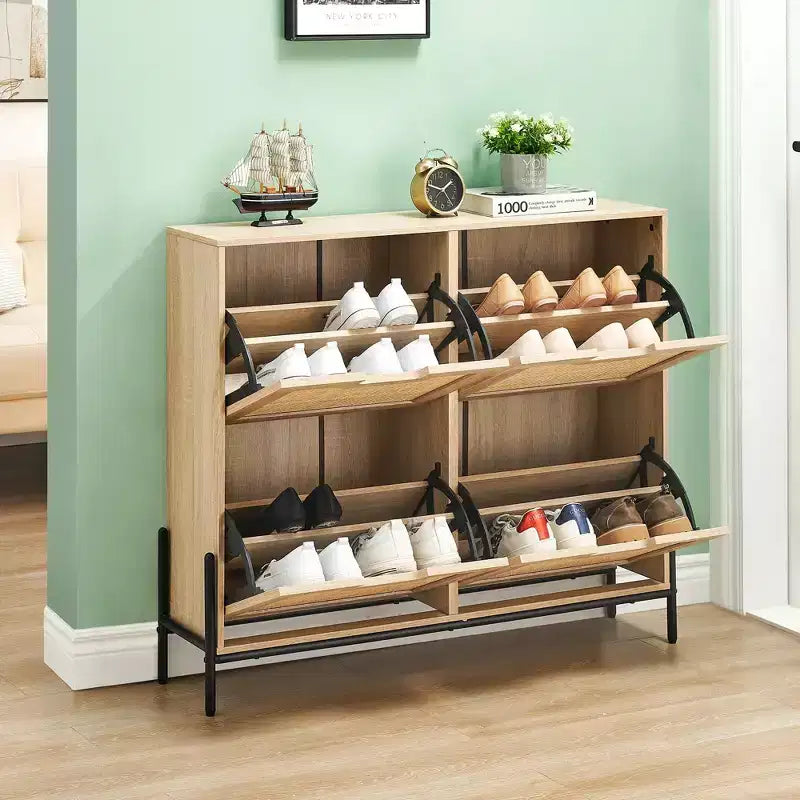 Meuble à chaussures en rotin avec 4 tiroirs basculants, étagères réglables, jusqu'à 20 paires, rangement autoportant pour entrée, 100 cm de largeur, Slim