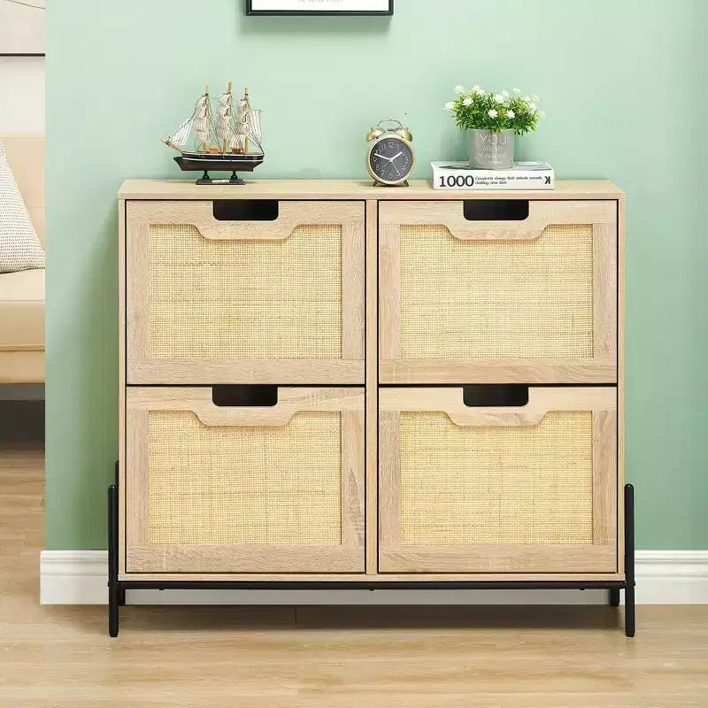 Meuble à chaussures en rotin avec 4 tiroirs basculants, étagères réglables, jusqu'à 20 paires, rangement autoportant pour entrée, 100 cm de largeur, Slim