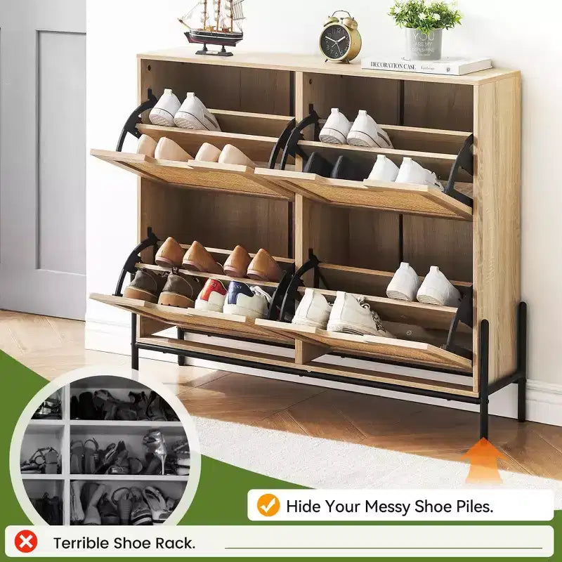 Meuble à chaussures en rotin avec 4 tiroirs basculants, étagères réglables, jusqu'à 20 paires, rangement autoportant pour entrée, 100 cm de largeur, Slim