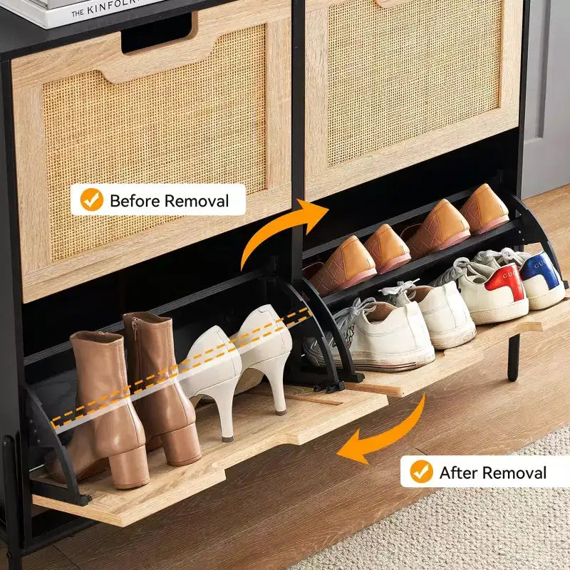 Meuble à chaussures en rotin avec 4 tiroirs basculants, étagères réglables, jusqu'à 20 paires, rangement autoportant pour entrée, 100 cm de largeur, Slim