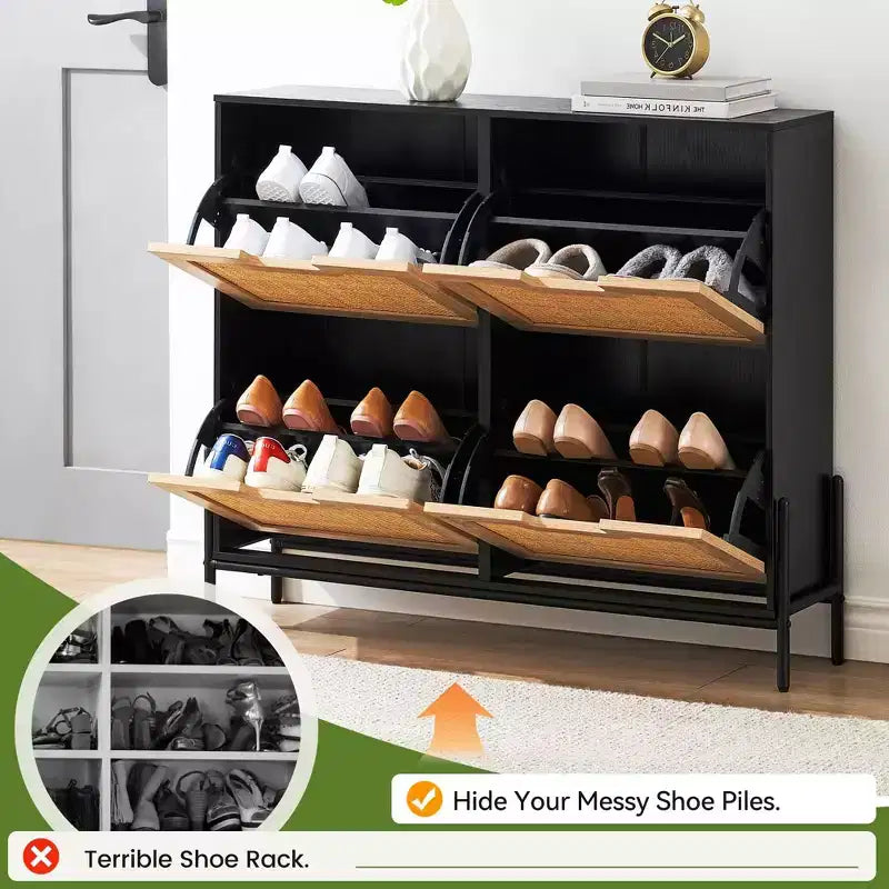 Meuble à chaussures en rotin avec 4 tiroirs basculants, étagères réglables, jusqu'à 20 paires, rangement autoportant pour entrée, 100 cm de largeur, Slim