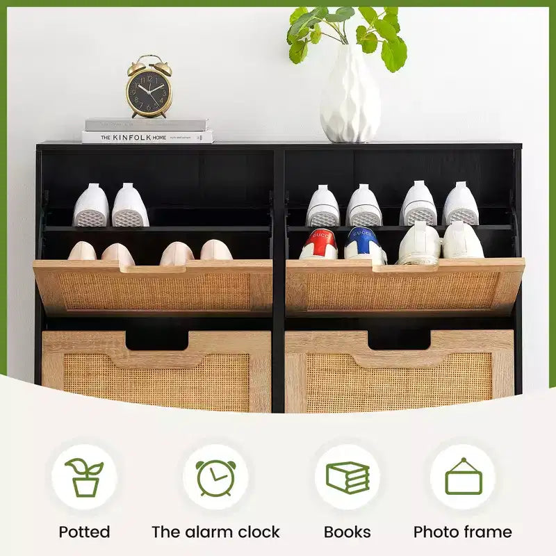 Meuble à chaussures en rotin avec 4 tiroirs basculants, étagères réglables, jusqu'à 20 paires, rangement autoportant pour entrée, 100 cm de largeur, Slim