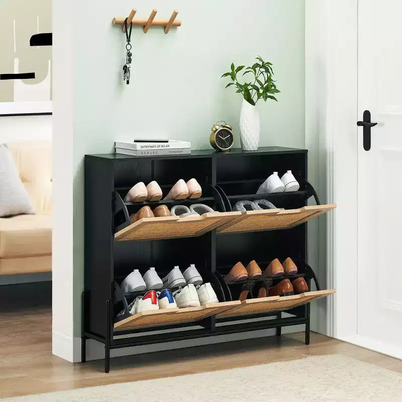 Meuble à chaussures en rotin avec 4 tiroirs basculants, étagères réglables, jusqu'à 20 paires, rangement autoportant pour entrée, 100 cm de largeur, Slim