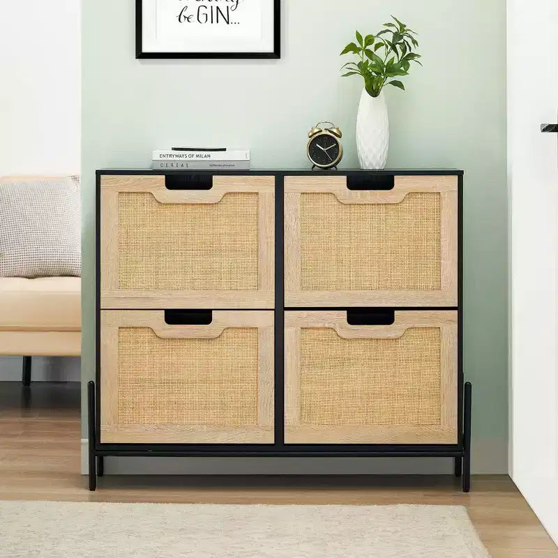 Meuble à chaussures en rotin avec 4 tiroirs basculants, étagères réglables, jusqu'à 20 paires, rangement autoportant pour entrée, 100 cm de largeur, Slim