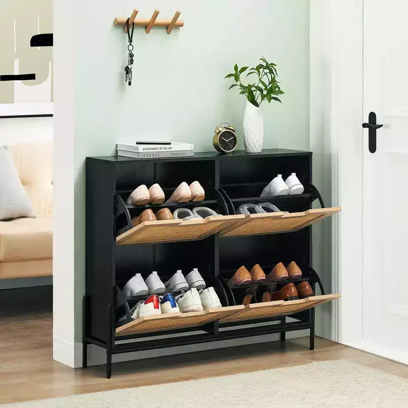 Meuble à chaussures en rotin avec 4 tiroirs basculants, étagères réglables, jusqu'à 20 paires, rangement autoportant pour entrée, 100 cm de largeur, Slim