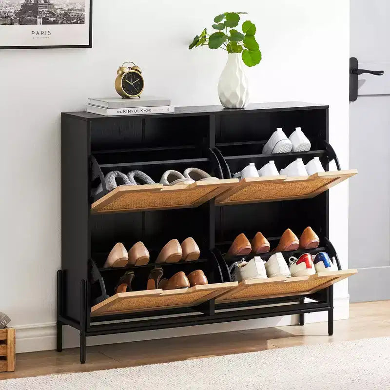COZONY Rattan Shoe Cabinet Organizer with 4 Flip-Drawer Doors, Adjustable Shelves, Up to 20 Pairs, Freestanding Entryway Storage, 39.4 Slim