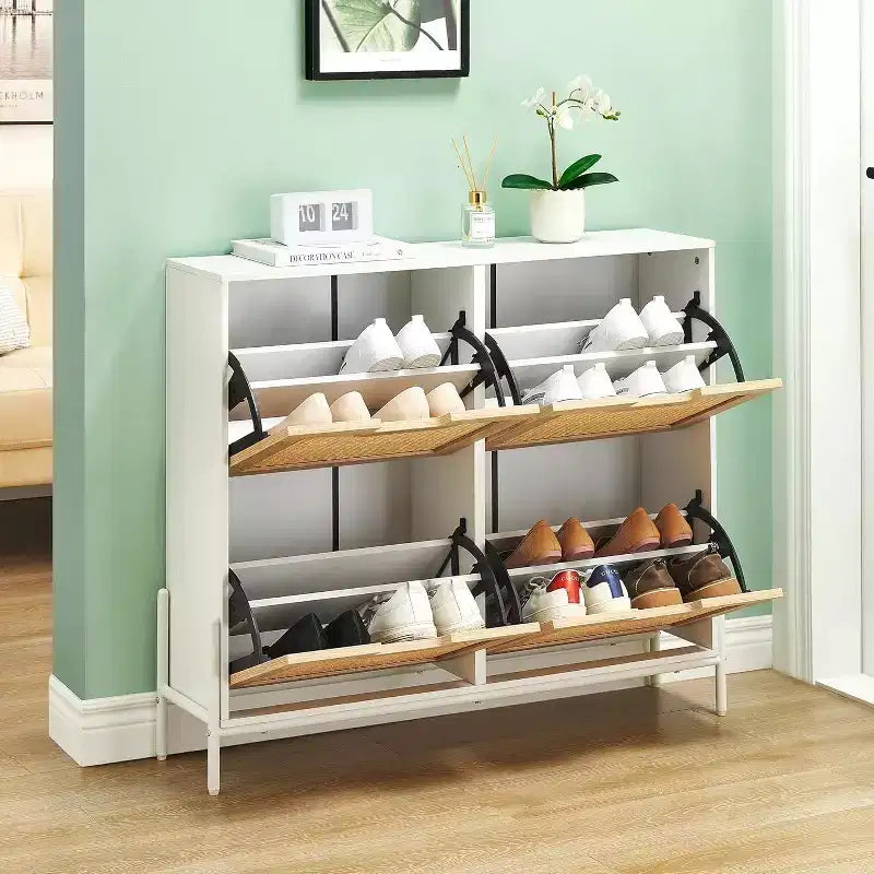 Meuble à chaussures en rotin avec 4 tiroirs basculants, étagères réglables, jusqu'à 20 paires, rangement autoportant pour entrée, 100 cm de largeur, Slim