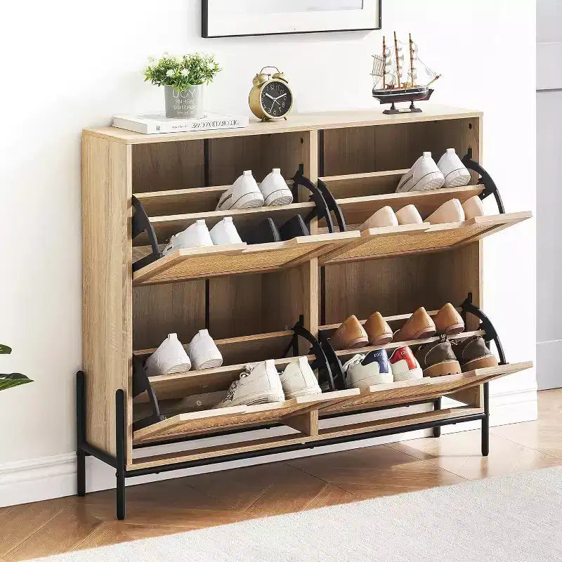 Meuble à chaussures en rotin avec 4 tiroirs basculants, étagères réglables, jusqu'à 20 paires, rangement autoportant pour entrée, 100 cm de largeur, Slim