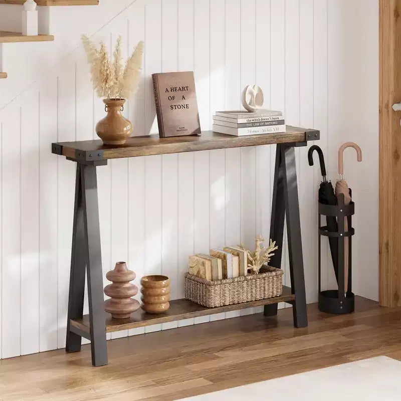 Console de ferme, table d'entrée de 110 cm avec rangement, table de canapé à 2 niveaux avec cadre en métal et MDF, derrière le canapé