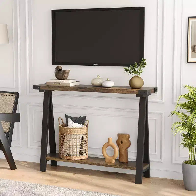 Console de ferme, table d'entrée de 110 cm avec rangement, table de canapé à 2 niveaux avec cadre en métal et MDF, derrière le canapé