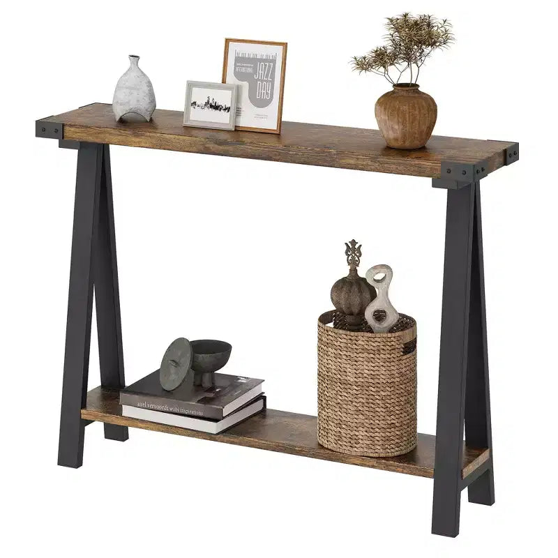 Console de ferme, table d'entrée de 110 cm avec rangement, table de canapé à 2 niveaux avec cadre en métal et MDF, derrière le canapé