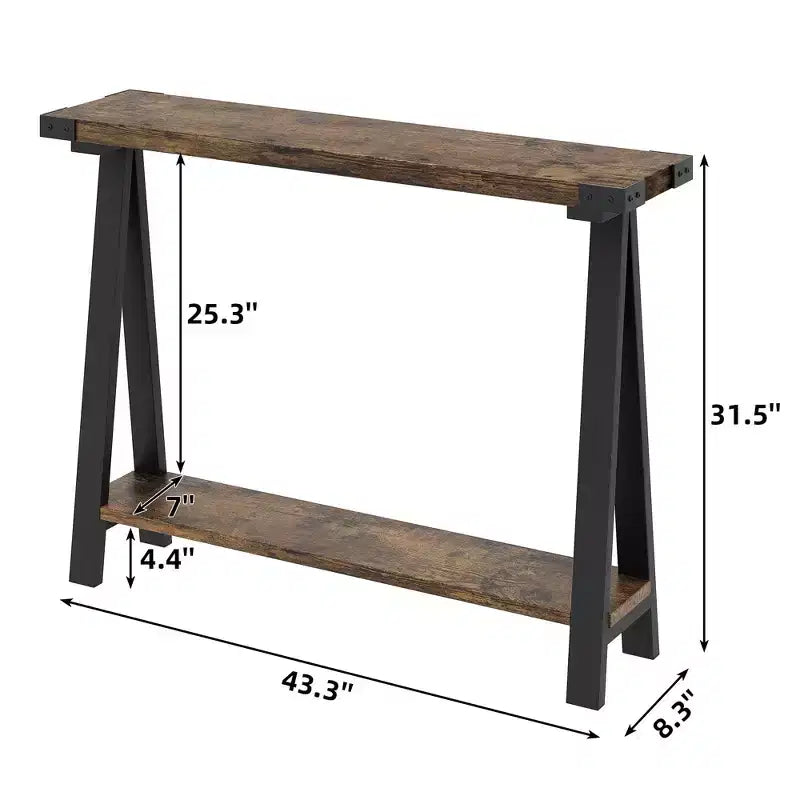Console de ferme, table d'entrée de 110 cm avec rangement, table de canapé à 2 niveaux avec cadre en métal et MDF, derrière le canapé