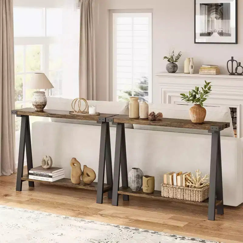 Console de ferme, table d'entrée de 110 cm avec rangement, table de canapé à 2 niveaux avec cadre en métal et MDF, derrière le canapé