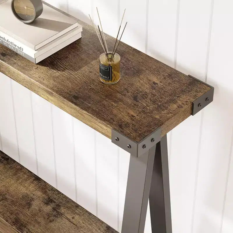 Console de ferme, table d'entrée de 110 cm avec rangement, table de canapé à 2 niveaux avec cadre en métal et MDF, derrière le canapé