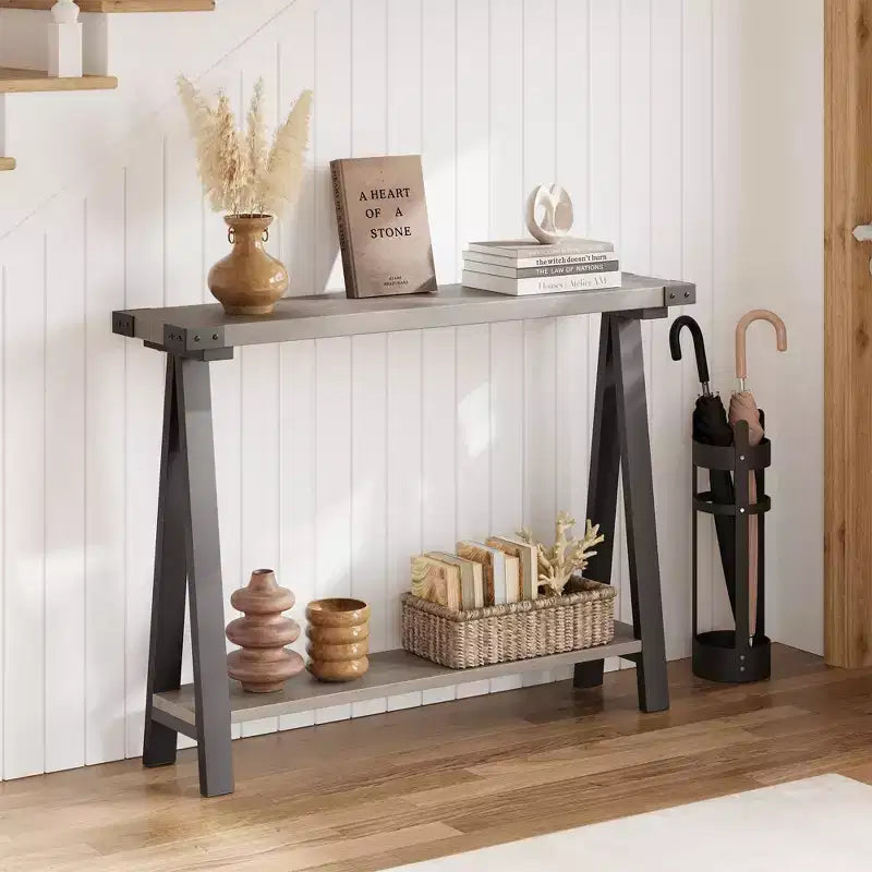 Console de ferme, table d'entrée de 110 cm avec rangement, table de canapé à 2 niveaux avec cadre en métal et MDF, derrière le canapé