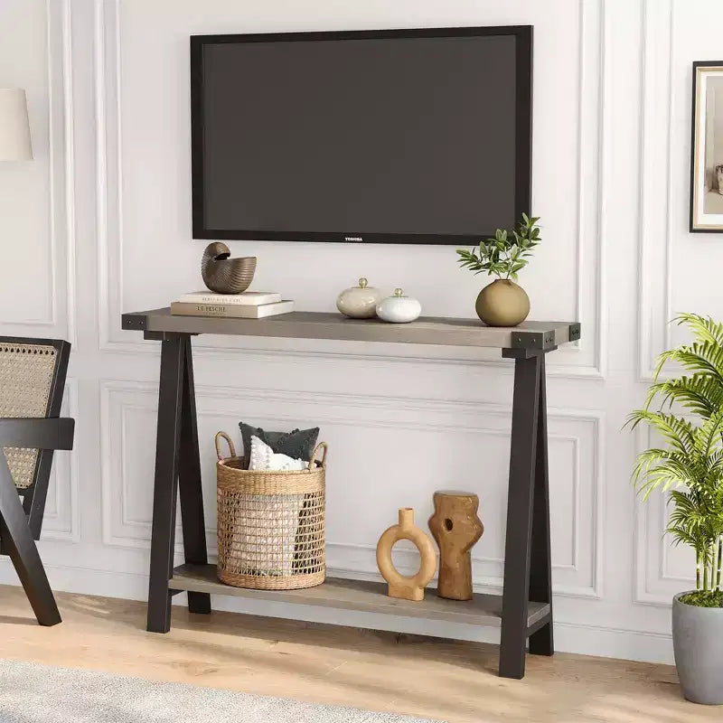Console de ferme, table d'entrée de 110 cm avec rangement, table de canapé à 2 niveaux avec cadre en métal et MDF, derrière le canapé