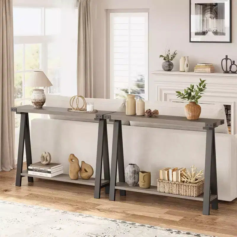 Console de ferme, table d'entrée de 110 cm avec rangement, table de canapé à 2 niveaux avec cadre en métal et MDF, derrière le canapé