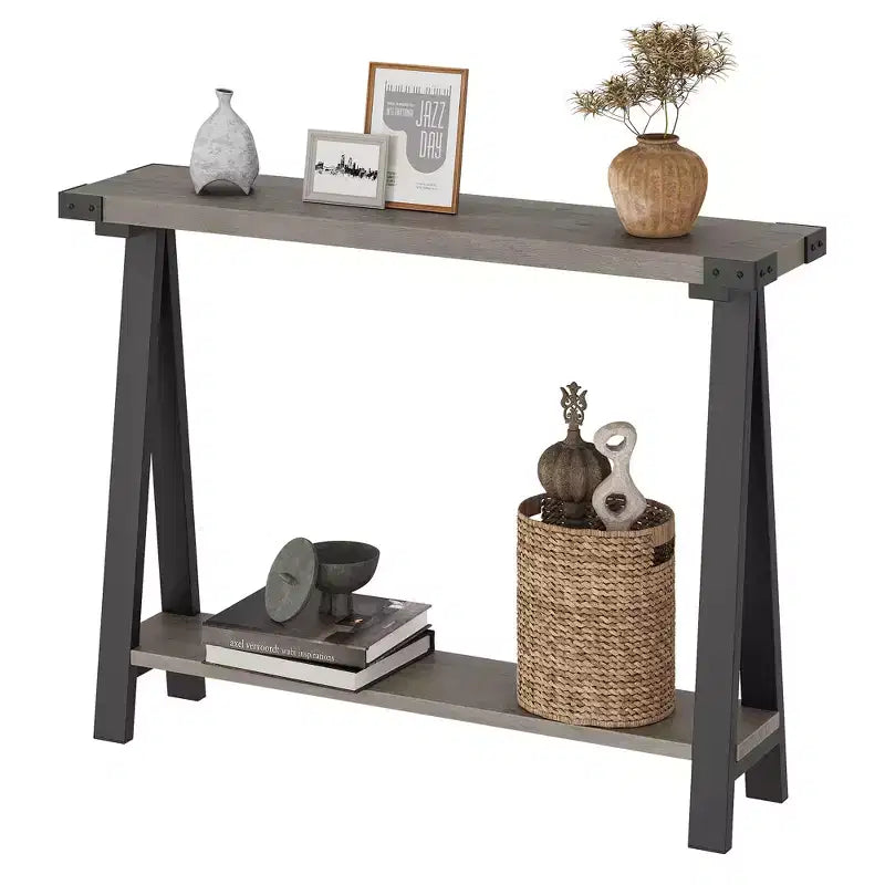 Console de ferme, table d'entrée de 110 cm avec rangement, table de canapé à 2 niveaux avec cadre en métal et MDF, derrière le canapé