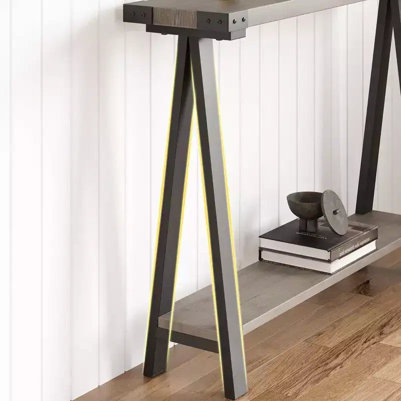 Console de ferme, table d'entrée de 110 cm avec rangement, table de canapé à 2 niveaux avec cadre en métal et MDF, derrière le canapé