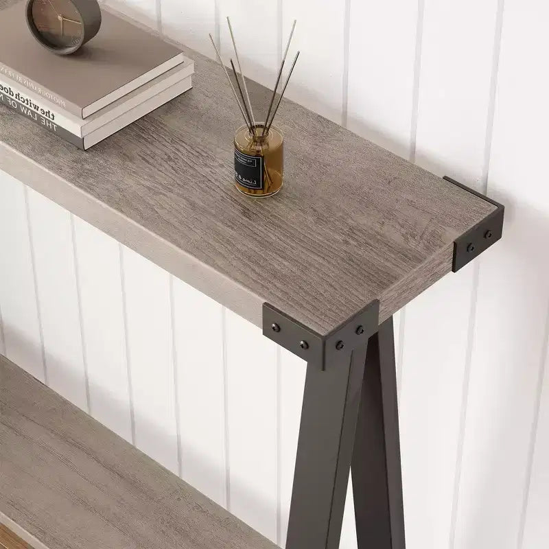 Console de ferme, table d'entrée de 110 cm avec rangement, table de canapé à 2 niveaux avec cadre en métal et MDF, derrière le canapé