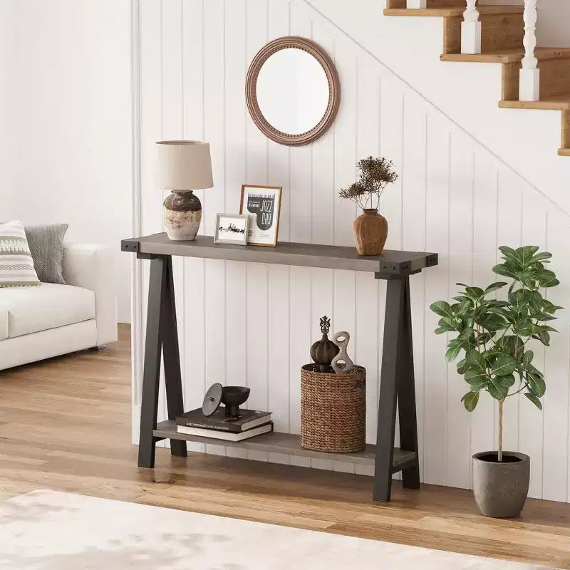 Farmhouse Console Table, 43.3 Entryway Table with Storage, 2 Tier Sofa Table with Metal Frame and MDF, Behind Couch Table