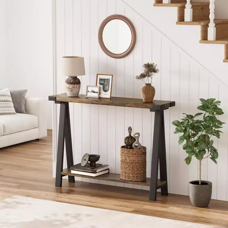 Console de ferme, table d'entrée de 110 cm avec rangement, table de canapé à 2 niveaux avec cadre en métal et MDF, derrière le canapé