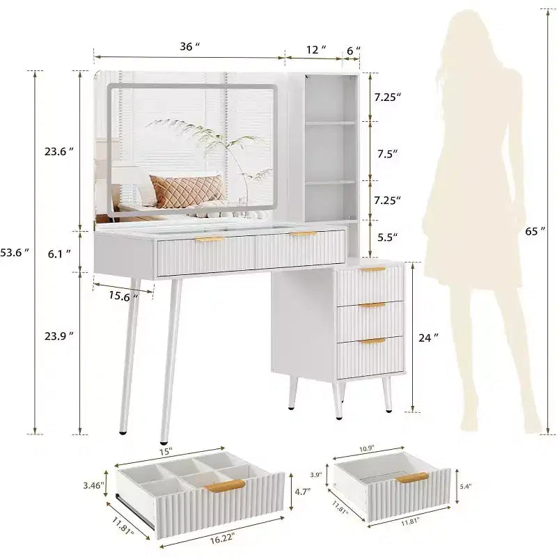 Coiffeuse à 5 tiroirs, table de maquillage avec station de charge USB intégrée
