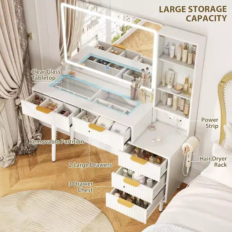 Coiffeuse à 5 tiroirs, table de maquillage avec station de charge USB intégrée
