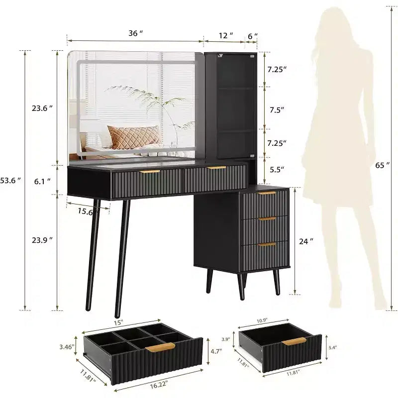 Coiffeuse à 5 tiroirs, table de maquillage avec station de charge USB intégrée