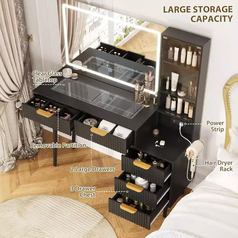 Coiffeuse à 5 tiroirs, table de maquillage avec station de charge USB intégrée