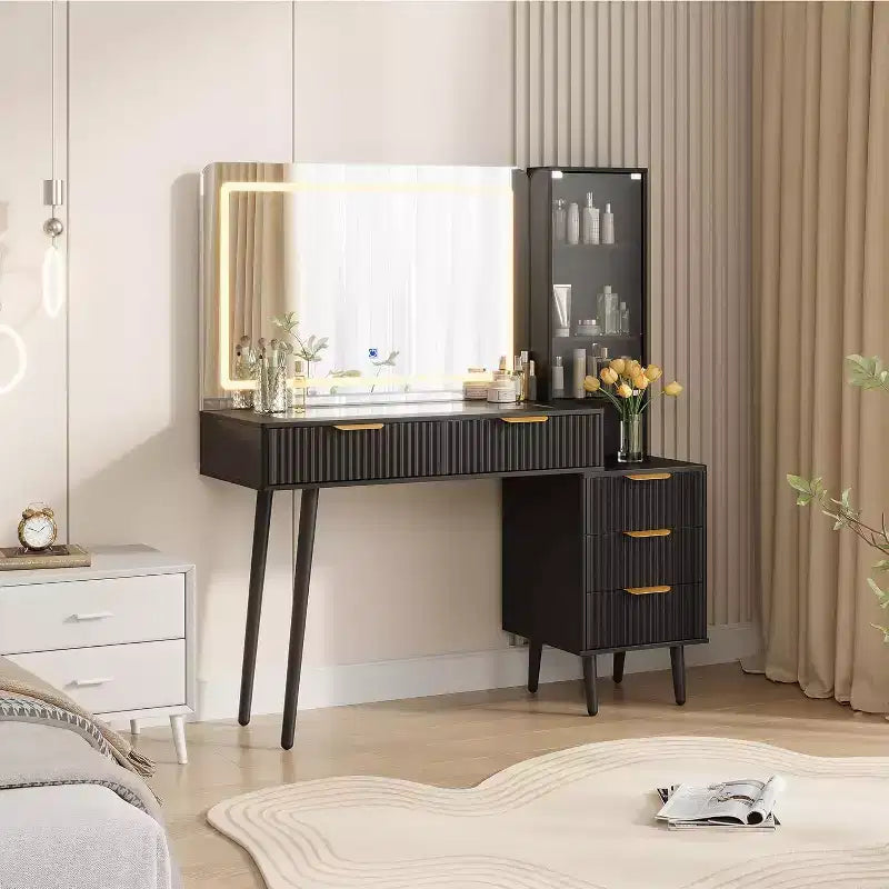 Coiffeuse à 5 tiroirs, table de maquillage avec station de charge USB intégrée