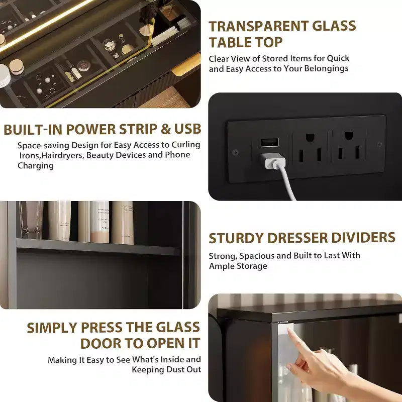 Coiffeuse à 5 tiroirs, table de maquillage avec station de charge USB intégrée