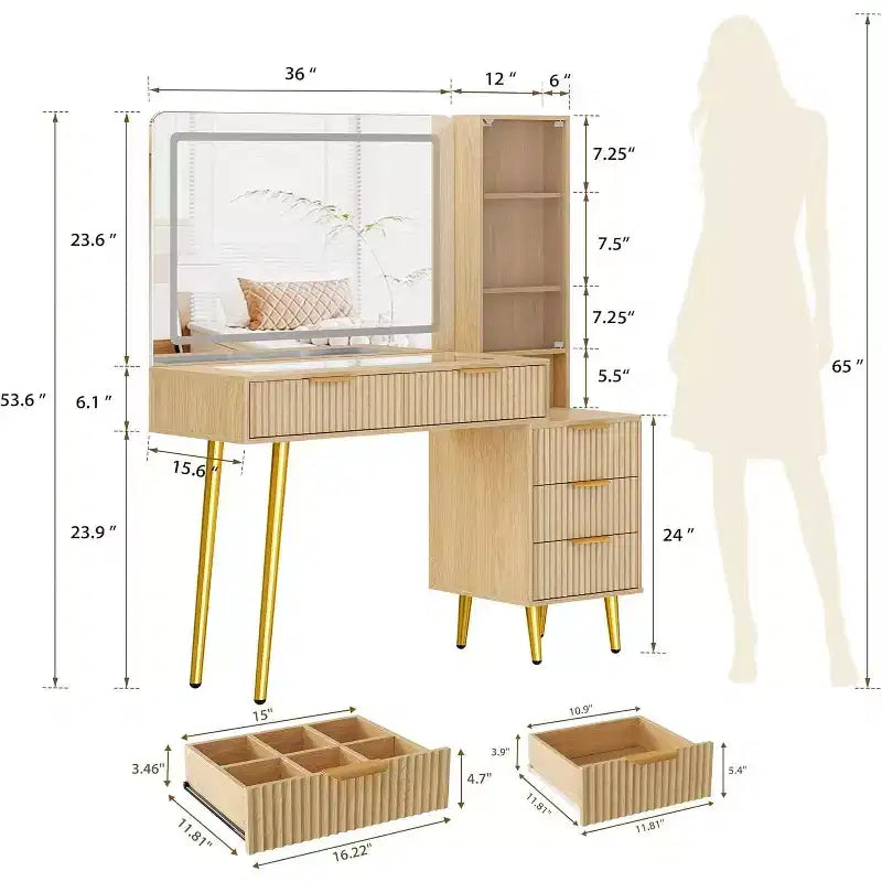 Coiffeuse à 5 tiroirs, table de maquillage avec station de charge USB intégrée