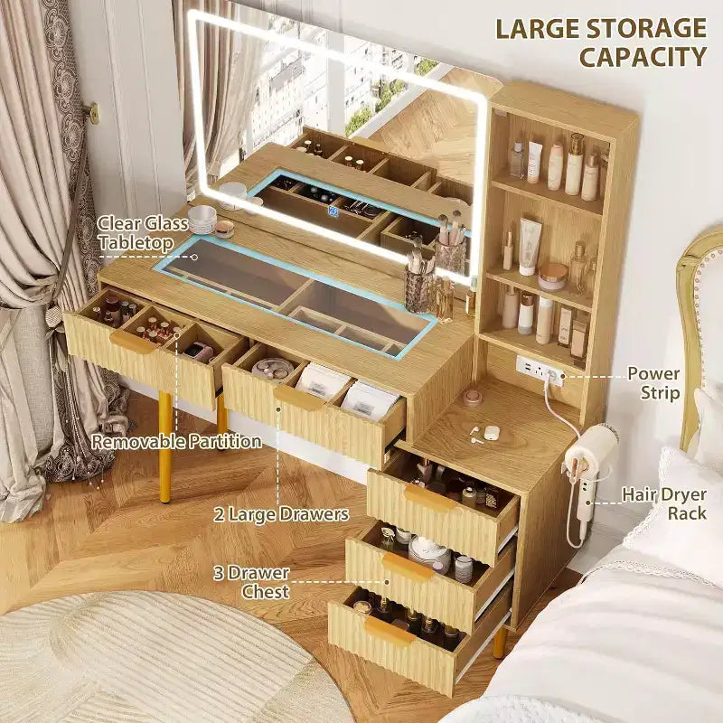 Coiffeuse à 5 tiroirs, table de maquillage avec station de charge USB intégrée