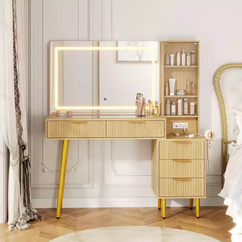 Coiffeuse à 5 tiroirs, table de maquillage avec station de charge USB intégrée