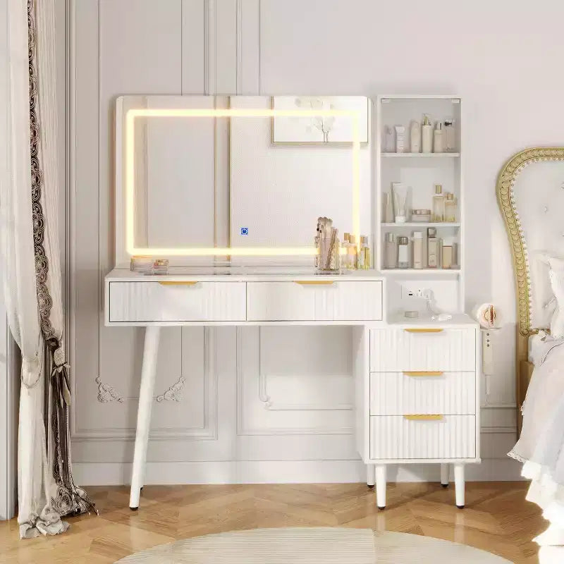 Coiffeuse à 5 tiroirs, table de maquillage avec station de charge USB intégrée