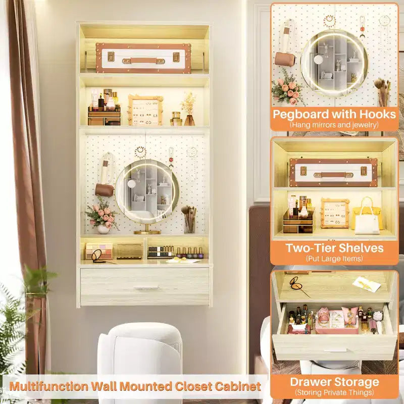 Organisateur de dressing avec coiffeuse, table de maquillage murale avec panneau perforé
