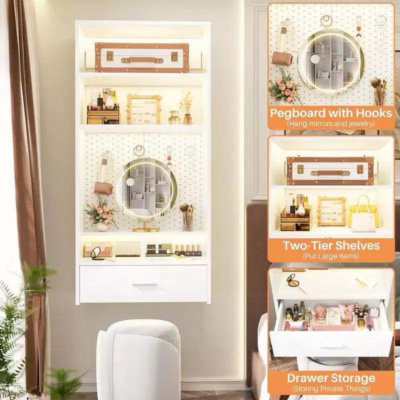 Organisateur de dressing avec coiffeuse, table de maquillage murale avec panneau perforé