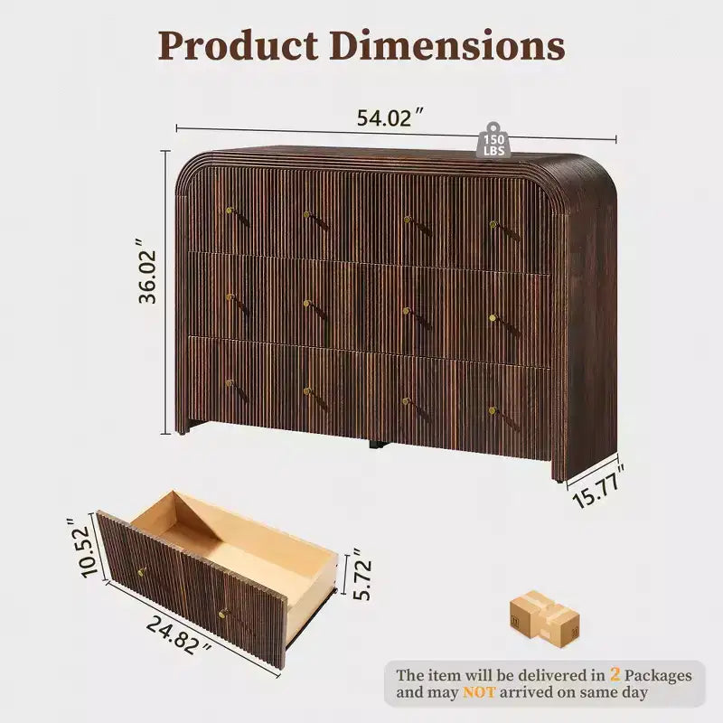 Commode moderne à 5 et 6 tiroirs cannelés, organisateur de rangement en bois à profil incurvé pour chambre à coucher, salon, couloir