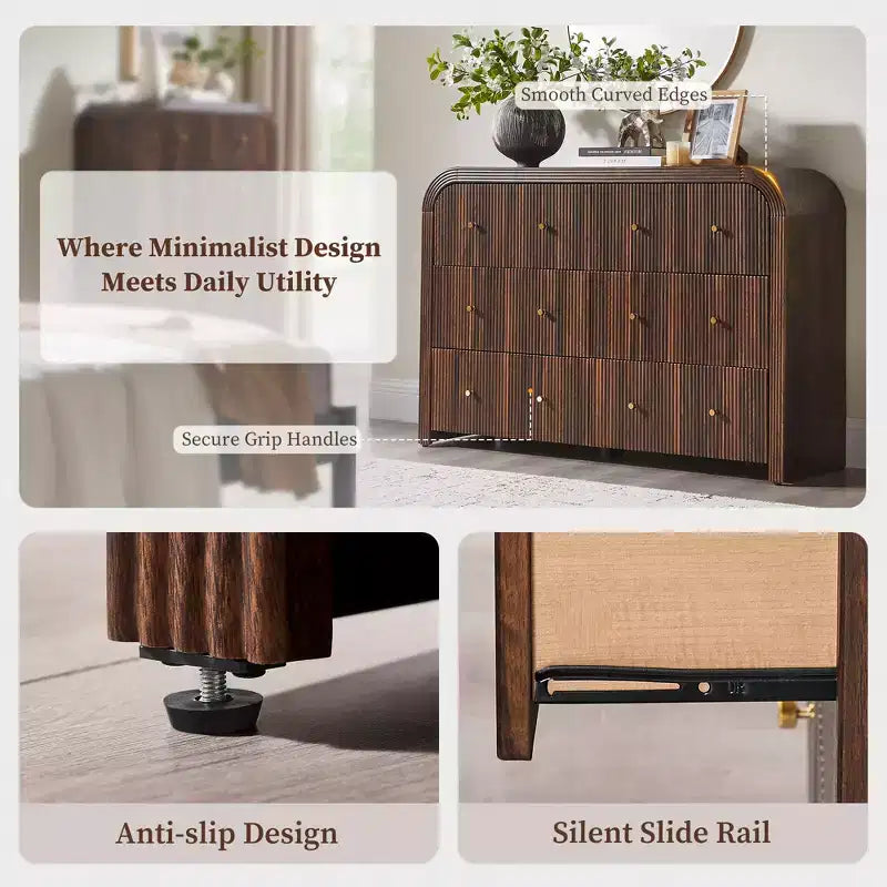 Commode moderne à 5 et 6 tiroirs cannelés, organisateur de rangement en bois à profil incurvé pour chambre à coucher, salon, couloir