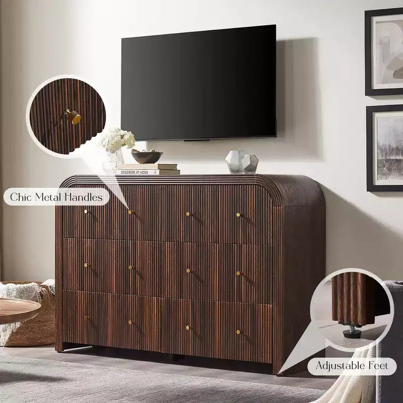 Commode moderne à 5 et 6 tiroirs cannelés, organisateur de rangement en bois à profil incurvé pour chambre à coucher, salon, couloir