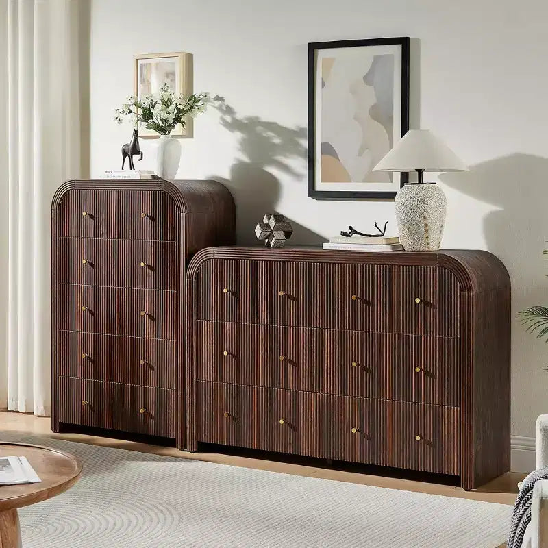 Commode moderne à 5 et 6 tiroirs cannelés, organisateur de rangement en bois à profil incurvé pour chambre à coucher, salon, couloir