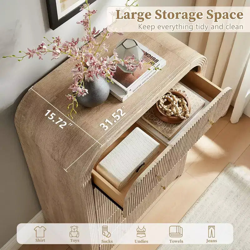 Commode moderne à 5 et 6 tiroirs cannelés, organisateur de rangement en bois à profil incurvé pour chambre à coucher, salon, couloir