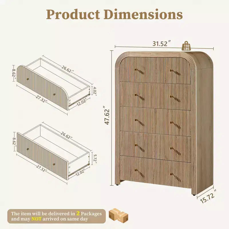Commode moderne à 5 et 6 tiroirs cannelés, organisateur de rangement en bois à profil incurvé pour chambre à coucher, salon, couloir