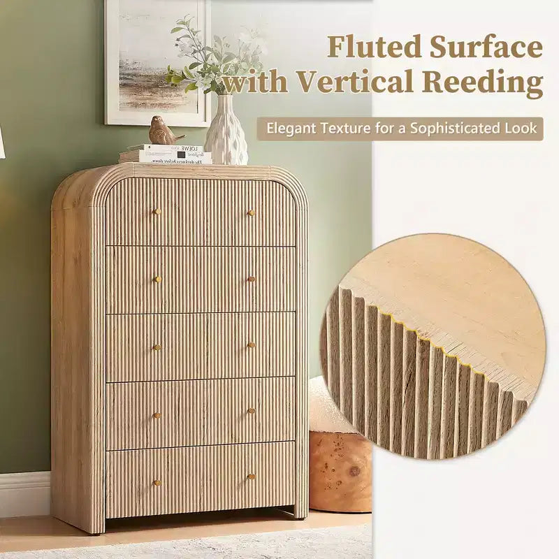Commode moderne à 5 et 6 tiroirs cannelés, organisateur de rangement en bois à profil incurvé pour chambre à coucher, salon, couloir