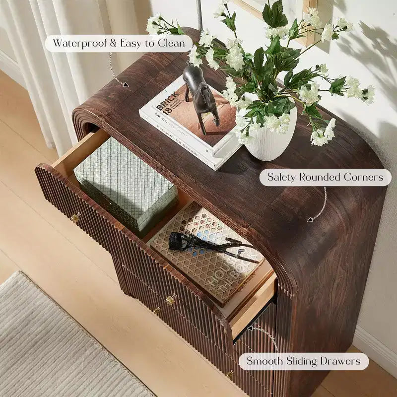 Commode moderne à 5 et 6 tiroirs cannelés, organisateur de rangement en bois à profil incurvé pour chambre à coucher, salon, couloir