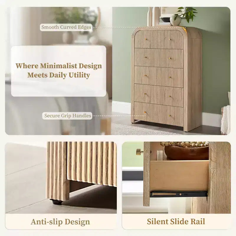 Commode moderne à 5 et 6 tiroirs cannelés, organisateur de rangement en bois à profil incurvé pour chambre à coucher, salon, couloir