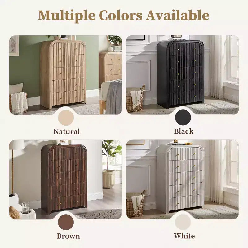 Commode moderne à 5 et 6 tiroirs cannelés, organisateur de rangement en bois à profil incurvé pour chambre à coucher, salon, couloir