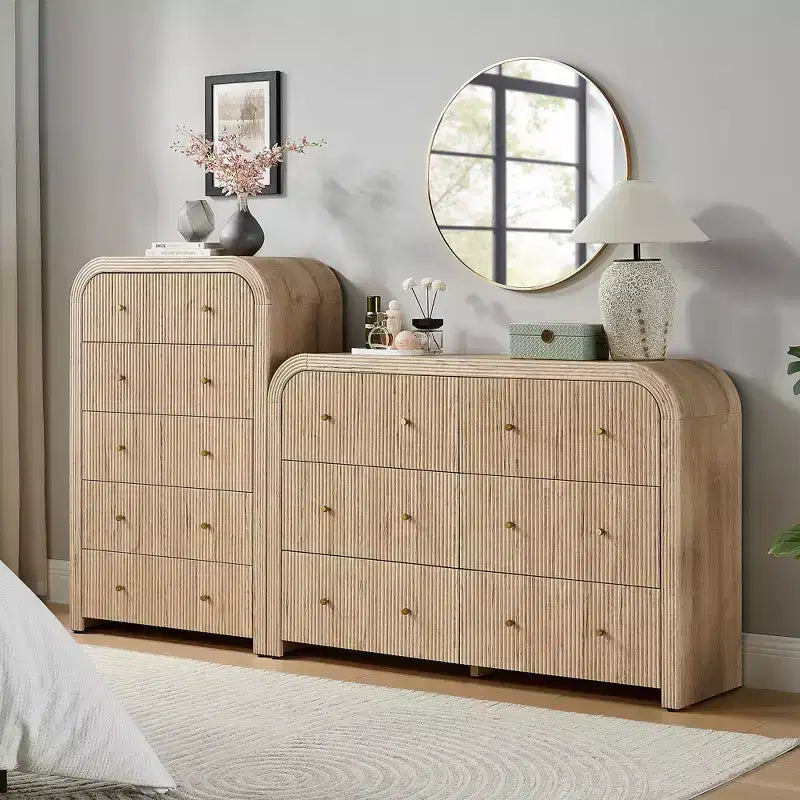 Commode moderne à 5 et 6 tiroirs cannelés, organisateur de rangement en bois à profil incurvé pour chambre à coucher, salon, couloir
