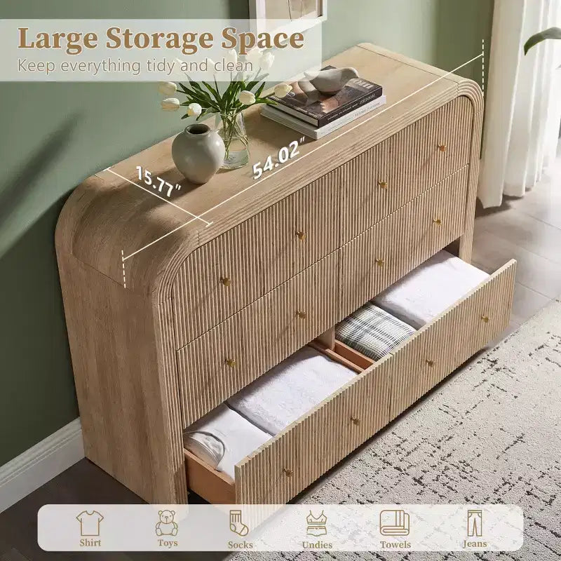 Commode moderne à 5 et 6 tiroirs cannelés, organisateur de rangement en bois à profil incurvé pour chambre à coucher, salon, couloir